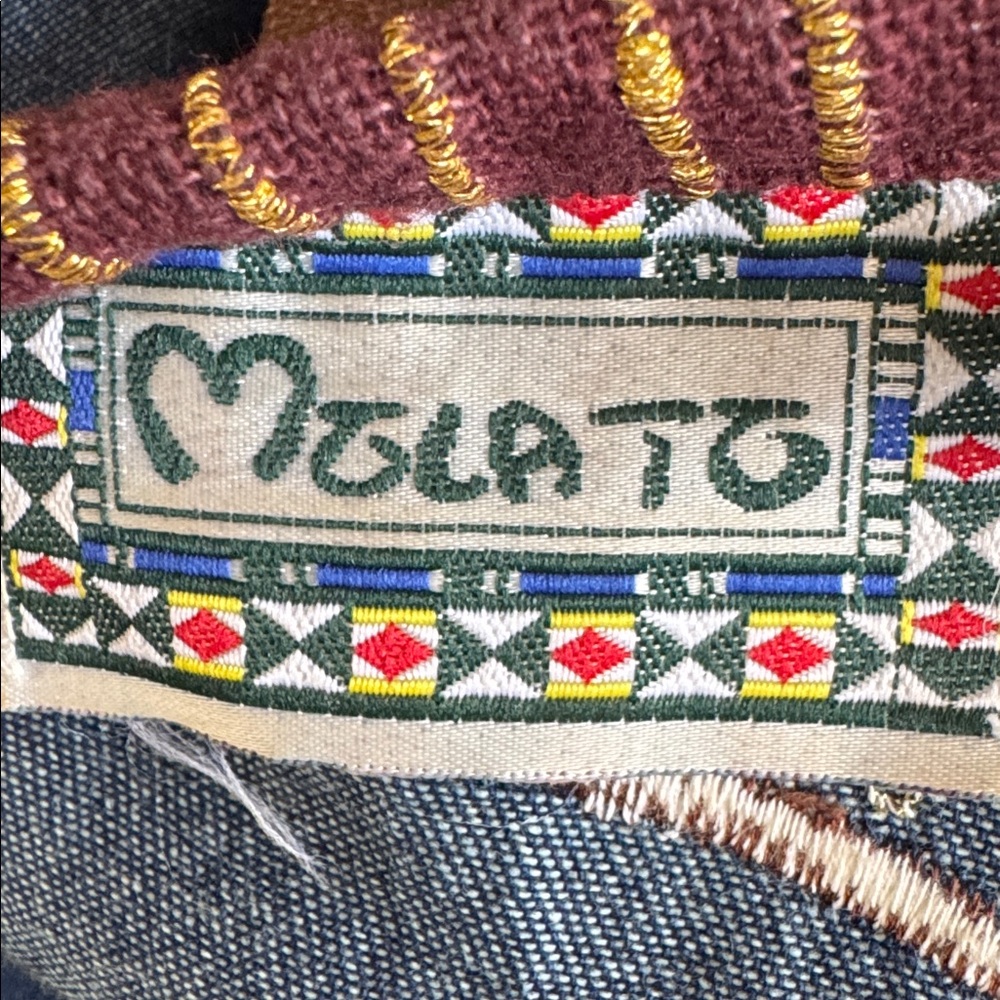 Vtg 90s Molato Jacket XL Denim Long Duster Abstract African Tribal Art Cowrie 2X - Picture 10 of 11